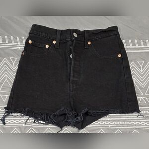 Levis Ribcage High Rise Button Fly Raw Hem Black Denim Shorts Size 25